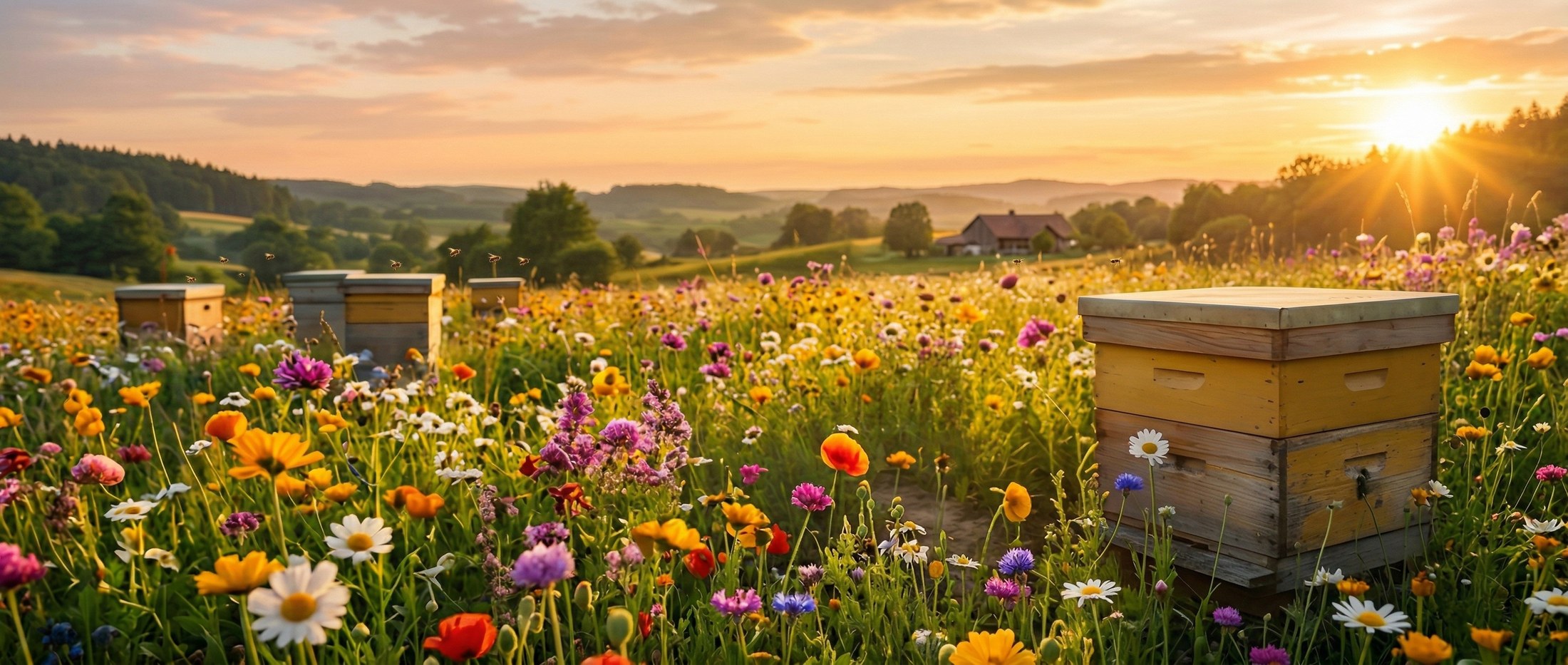 Beehives in a meadow at sunset